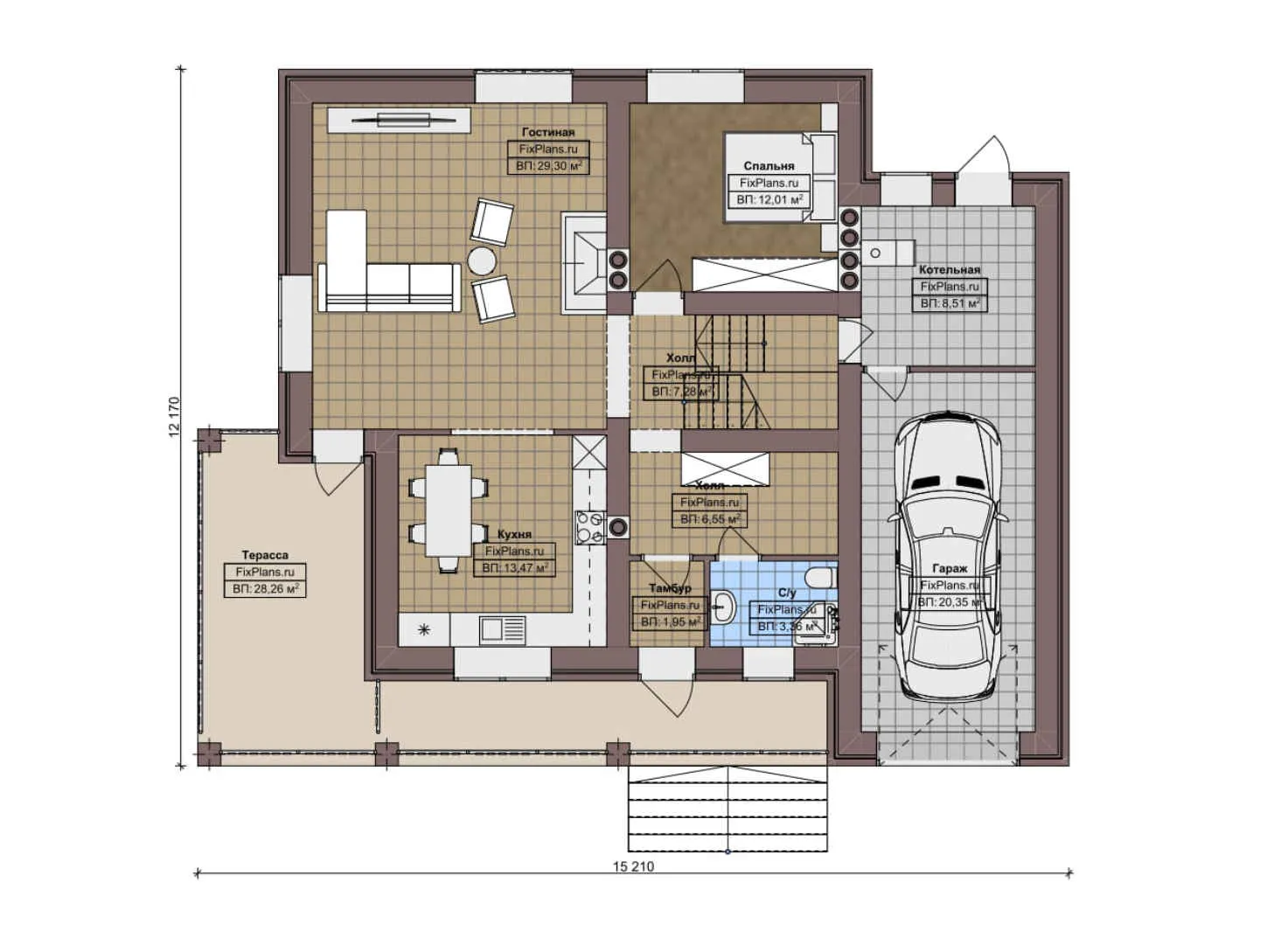F-8513 - Планы дома с мансардой 13 на 16, площадью 250 м² с террасой, балконом, гаражом на 1 машину и 6 спальнями