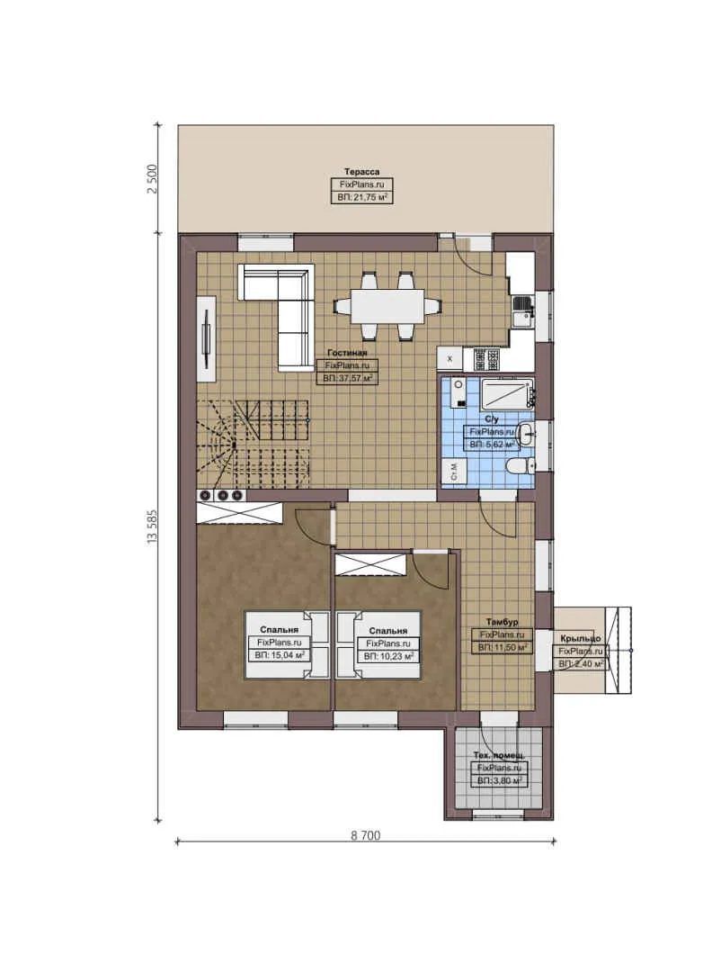 F-2735 - Планы дома с мансардой 9 на 14, площадью 160 м² с террасой и 4 спальнями