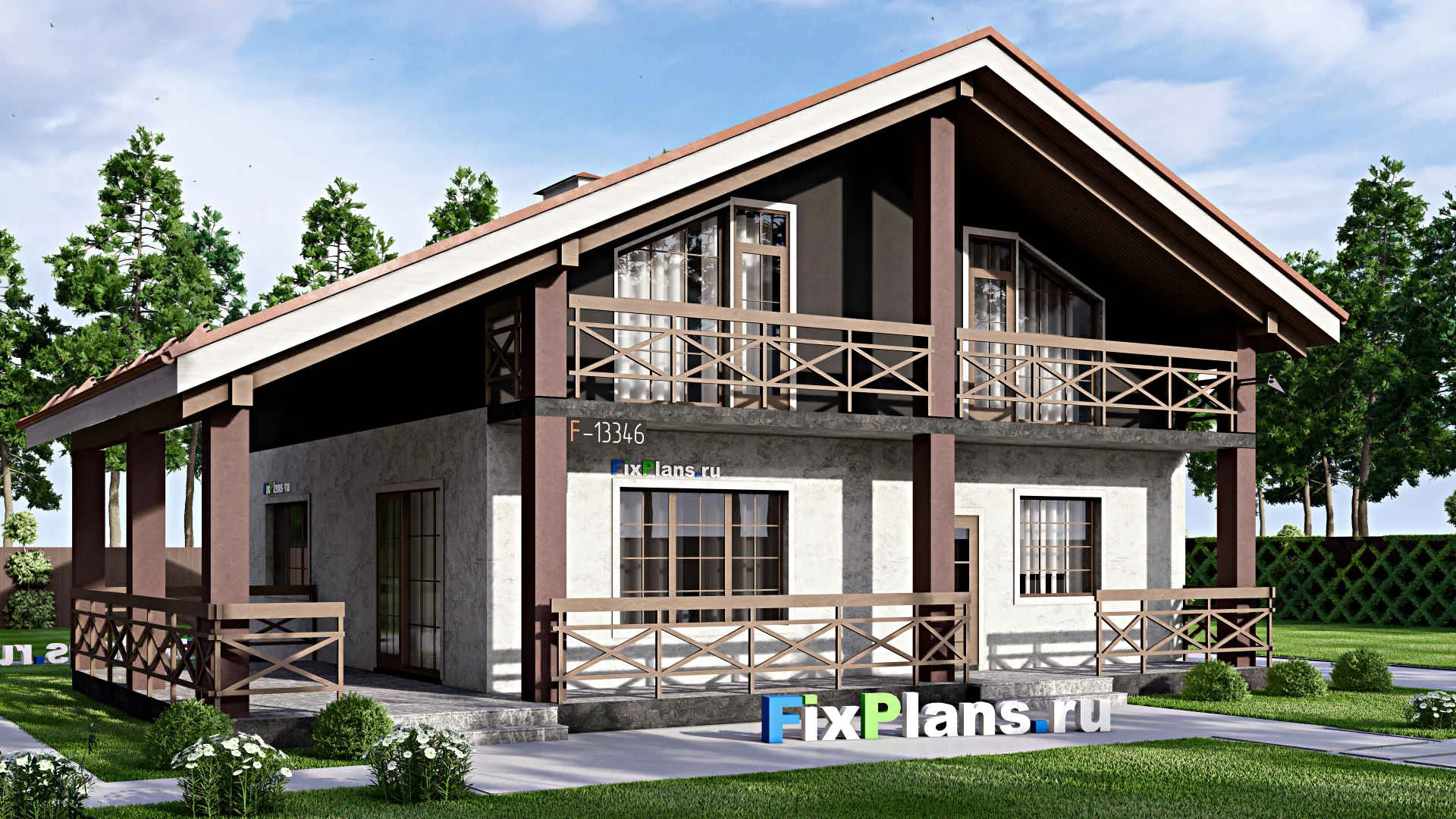 F-13346 - Проект дома с мансардой 13 на 17, площадью 260 м² с террасой, балконом и 4 спальнями