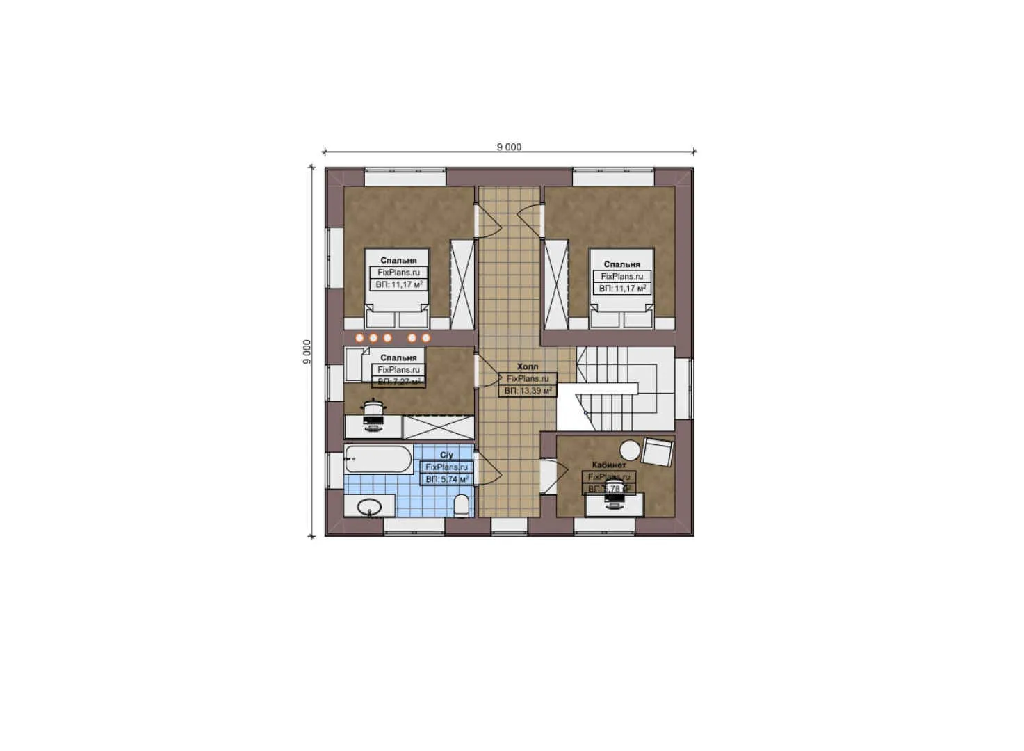 F-11375 - Планы двухэтажного дома 9 на 14, площадью 150 м² с террасой и 3 спальнями