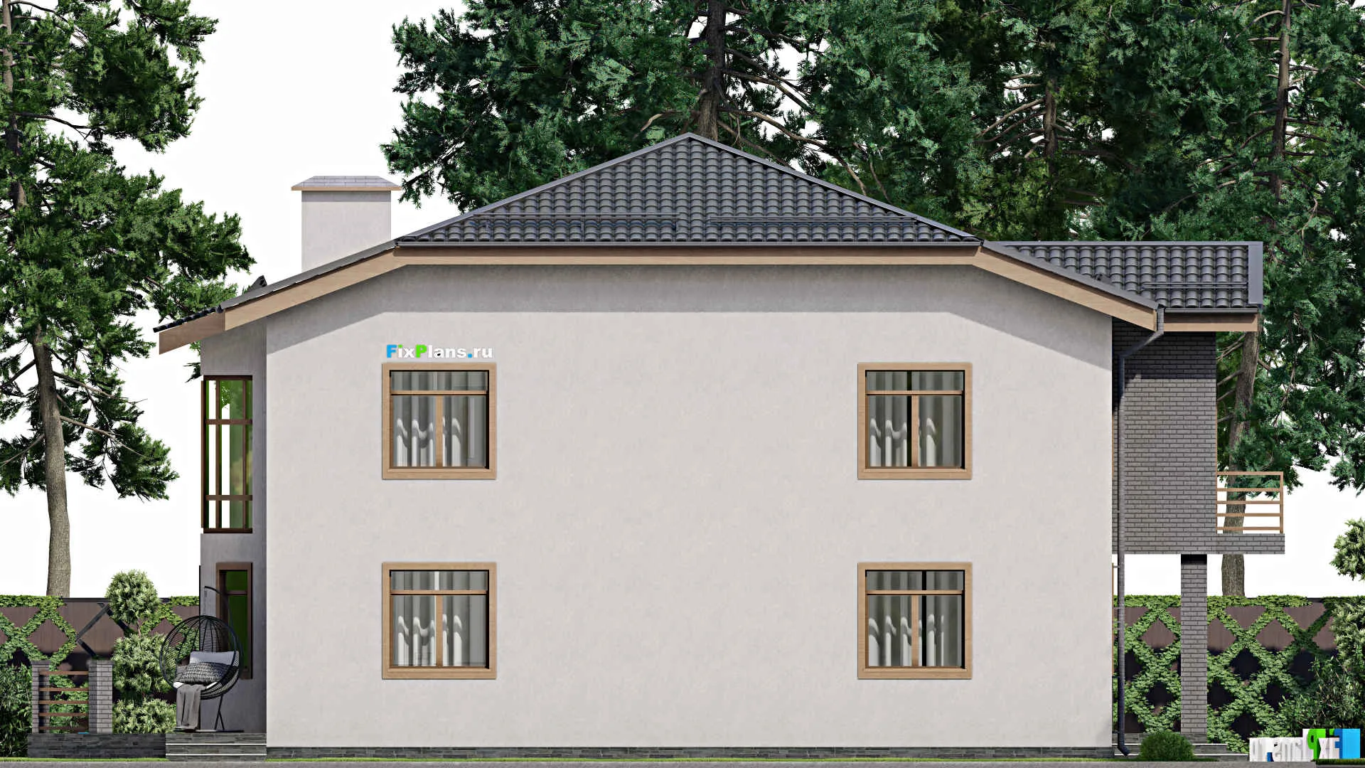 F-2699 - Проект двухэтажного дома 14 на 14, площадью 300 м² с террасой, балконом, гаражом на 1 машину, бассейном и 4 спальнями