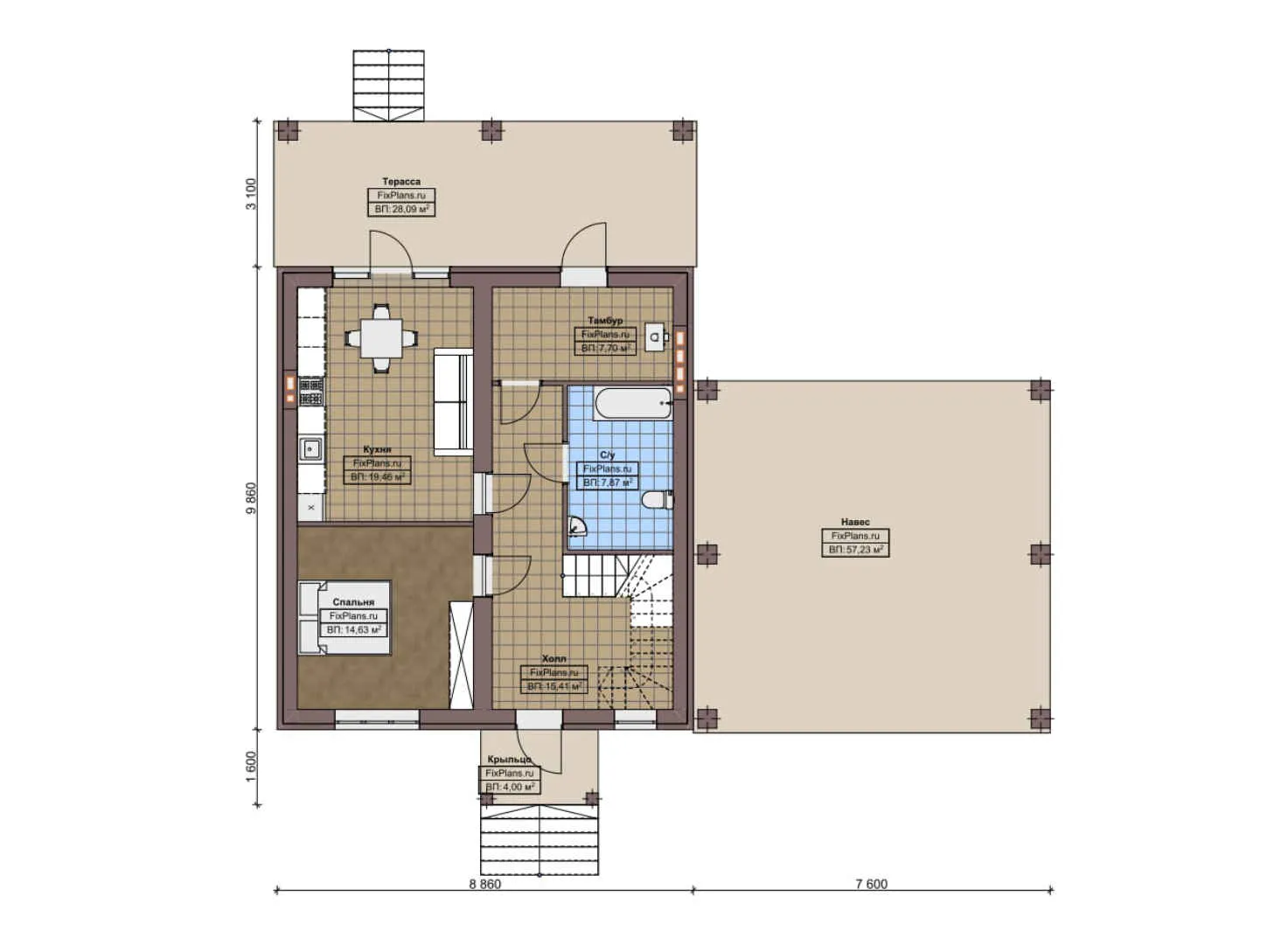 F-6119 - Планы двухэтажного дома 9 на 10, площадью 220 м² с террасой и 4 спальнями