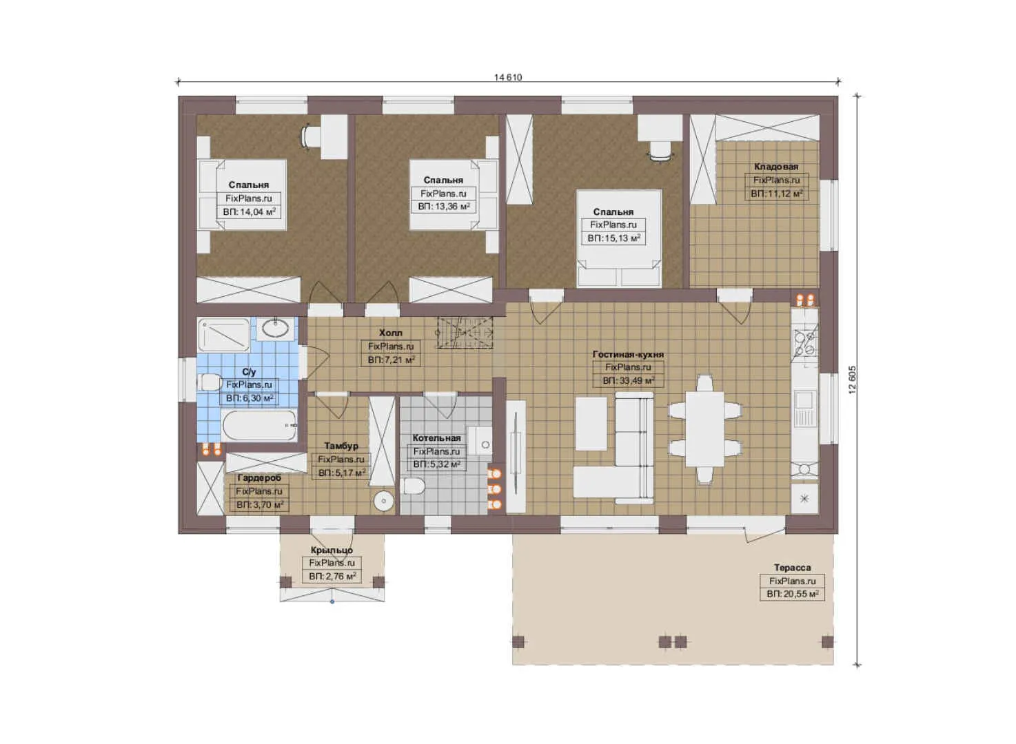 F-14561 - План одноэтажного дома 13 на 15, площадью 140 м² с террасой и 3 спальнями