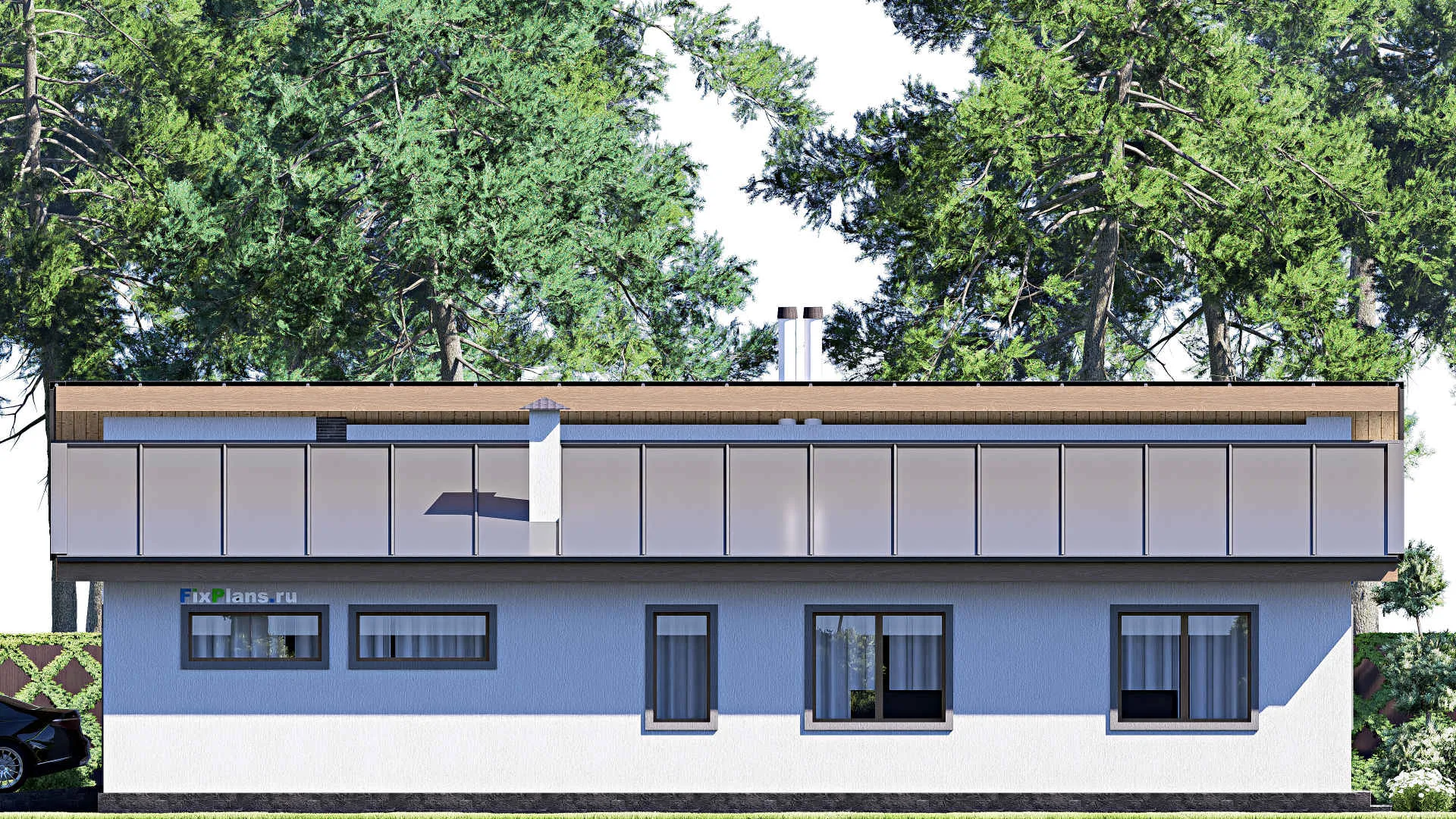 F-19970 - Проект одноэтажного дома 13 на 17, площадью 170 м² с террасой, гаражом на 1 машину и 3 спальнями