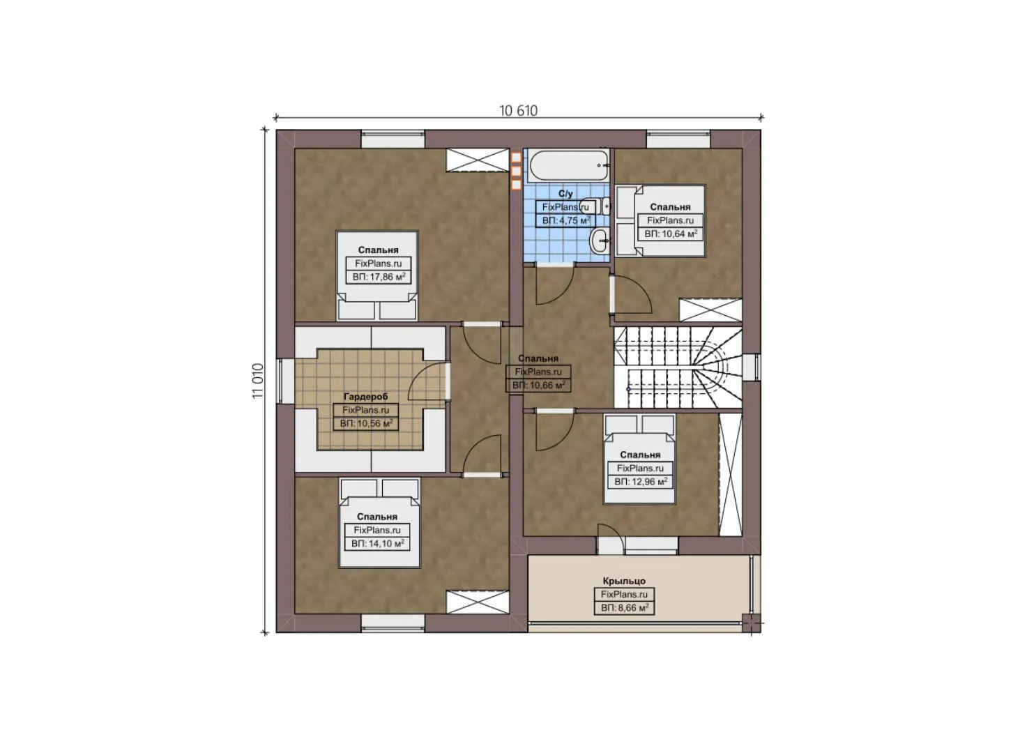 F-2807 - Планы двухэтажного дома 12 на 16, площадью 230 м² с террасой, балконом, гаражом на 1 машину и 6 спальнями