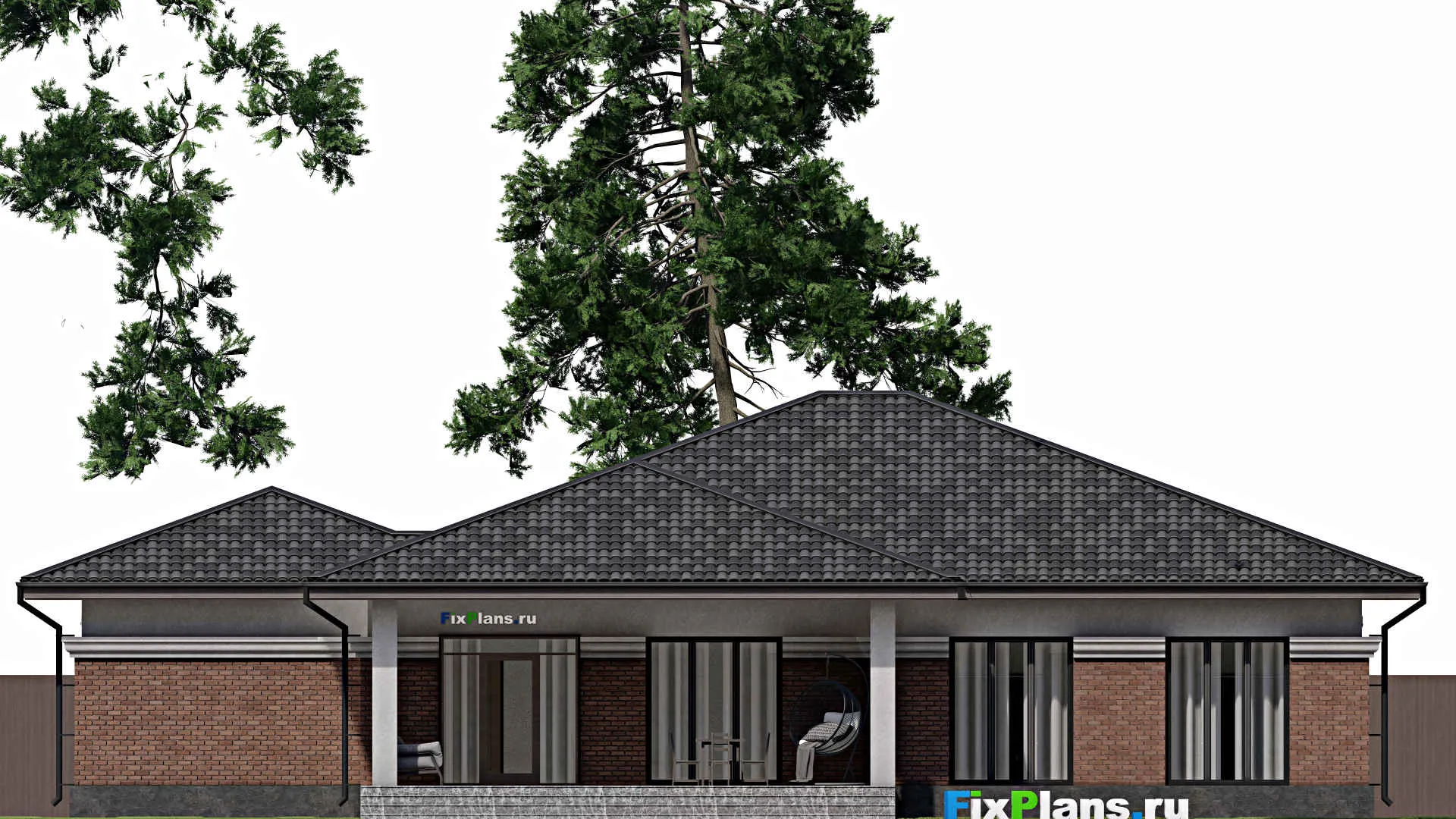 F-1808 - Проект одноэтажного дома 21 на 24, площадью 270 м² с террасой, гаражом на 2 машины и 4 спальнями