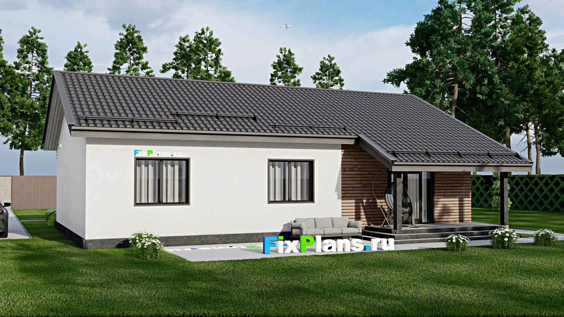 F-2852 - Проект одноэтажного дома 10 на 15, площадью 130 м² с террасой и 3 спальнями