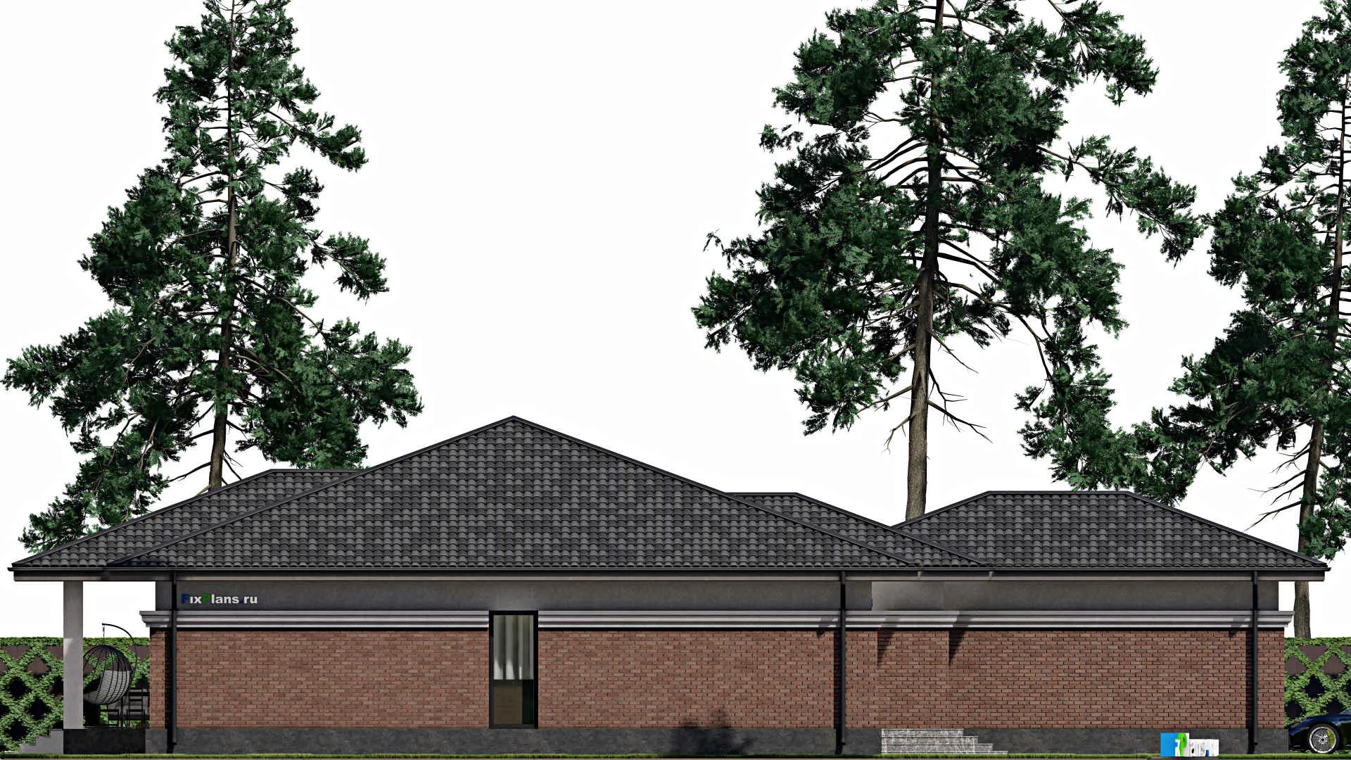 F-1808 - Проект одноэтажного дома 21 на 24, площадью 270 м² с террасой, гаражом на 2 машины и 4 спальнями