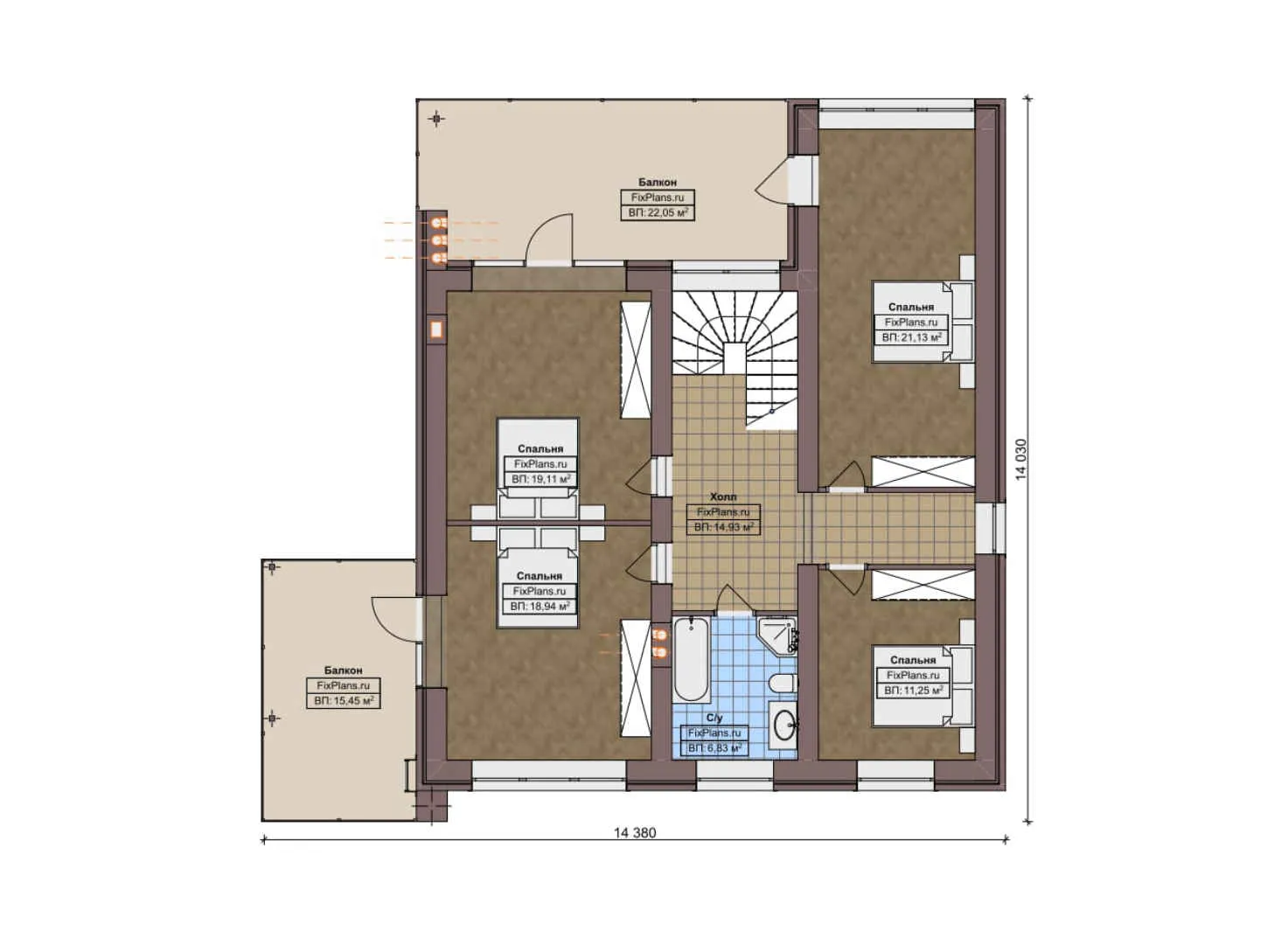 F-6704 - Планы двухэтажного дома 15 на 15, площадью 270 м² с балконом и 5 спальнями
