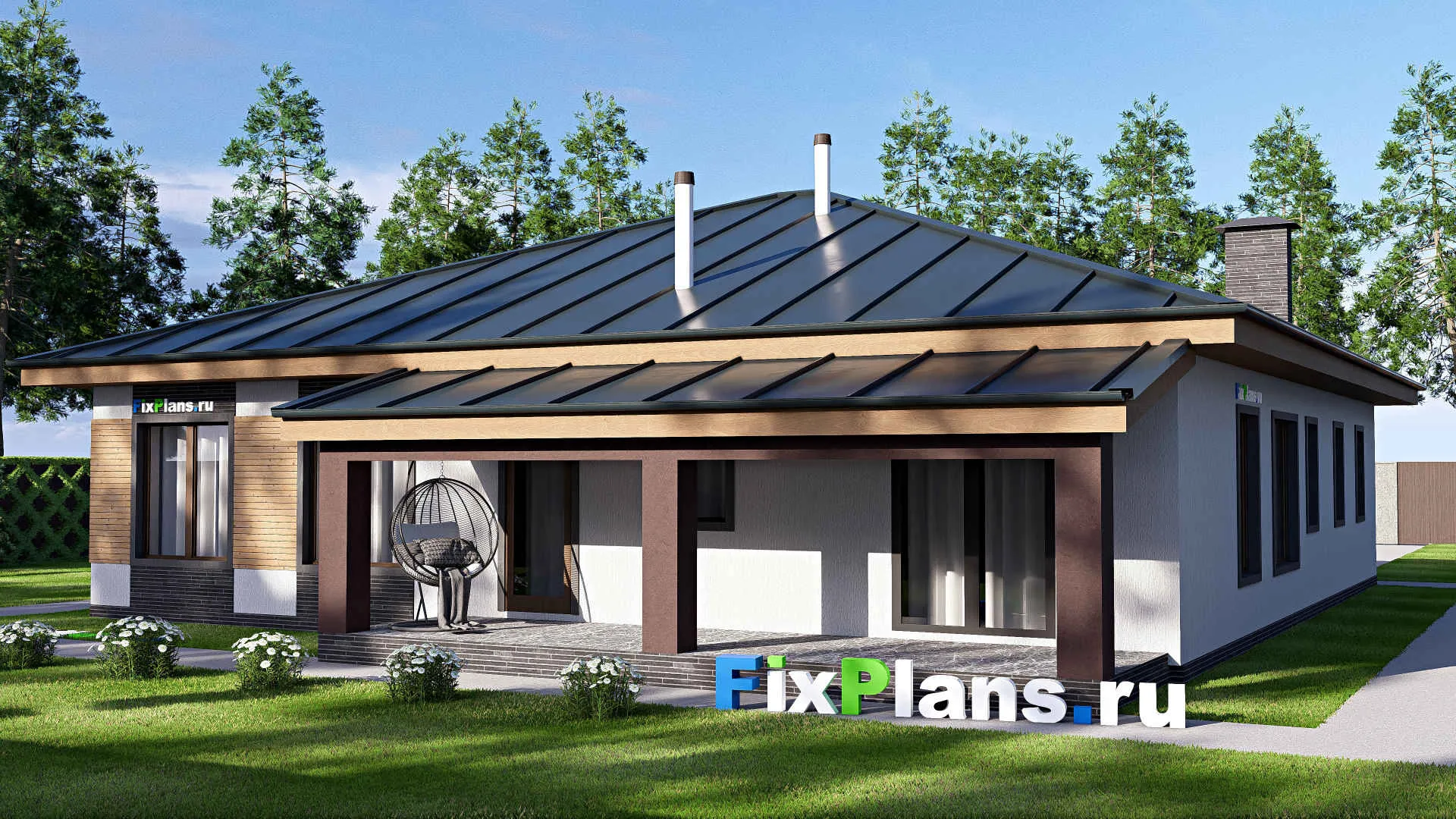 F-20483 - Проект одноэтажного дома 16 на 20, площадью 230 м² с террасой, гаражом на 2 машины и 3 спальнями