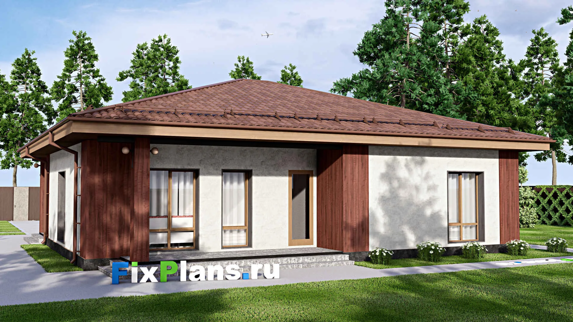 F-14417 - Проект одноэтажного дома 14 на 15, площадью 160 м² с террасой и 3 спальнями