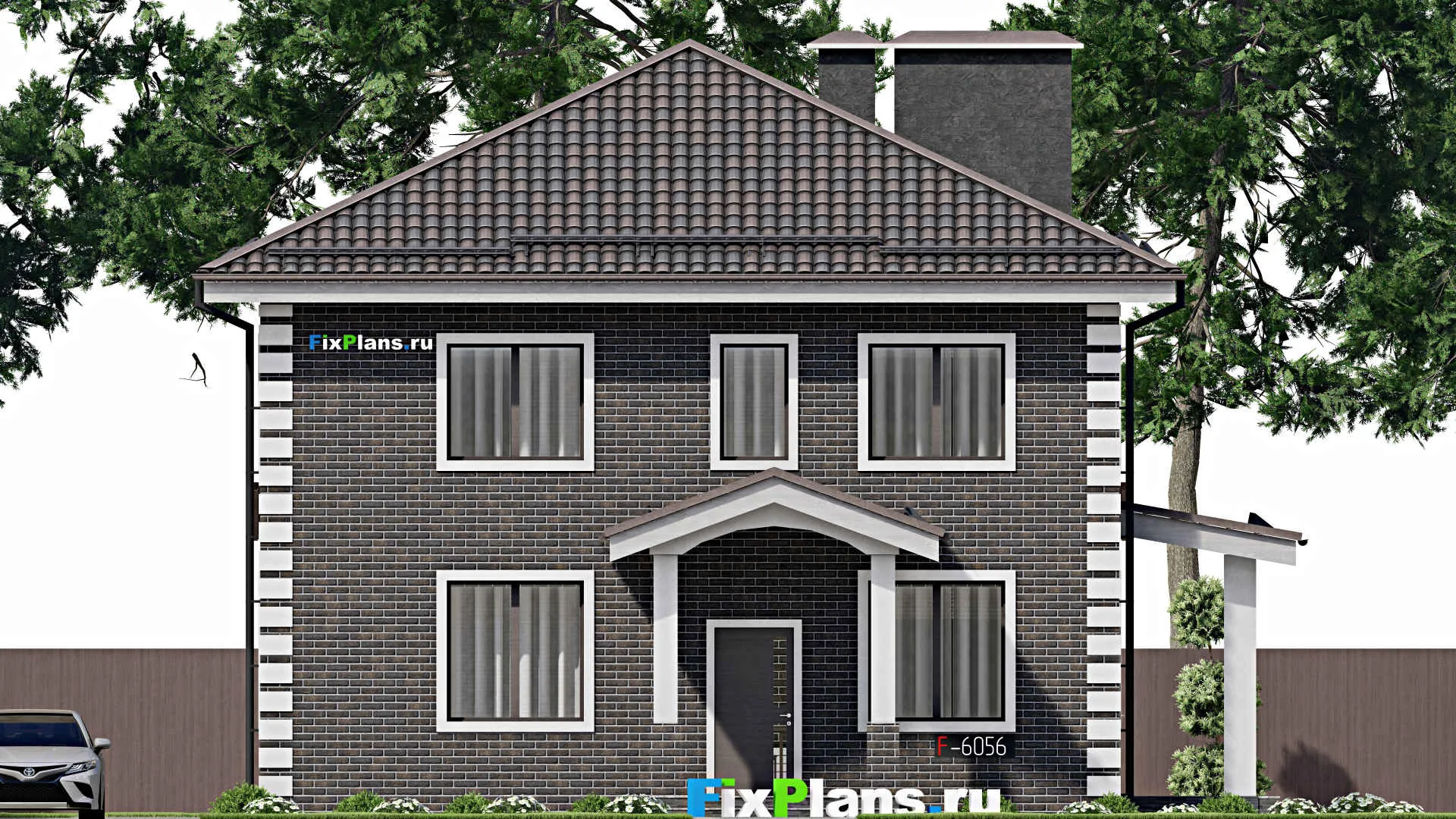 F-6056 - Проект двухэтажного дома 11 на 13, площадью 240 м² с террасой и 4 спальнями