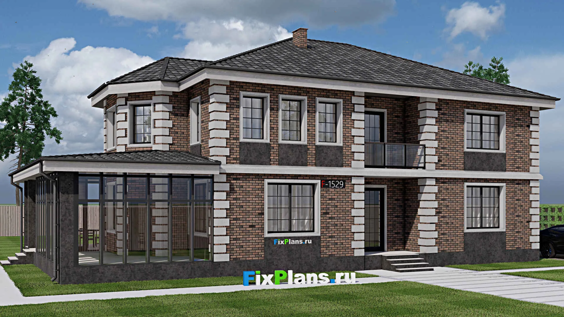 F-1529 - Проект двухэтажного дома 12 на 20, площадью 350 м² с террасой, балконом, спортзалом и 2 спальнями