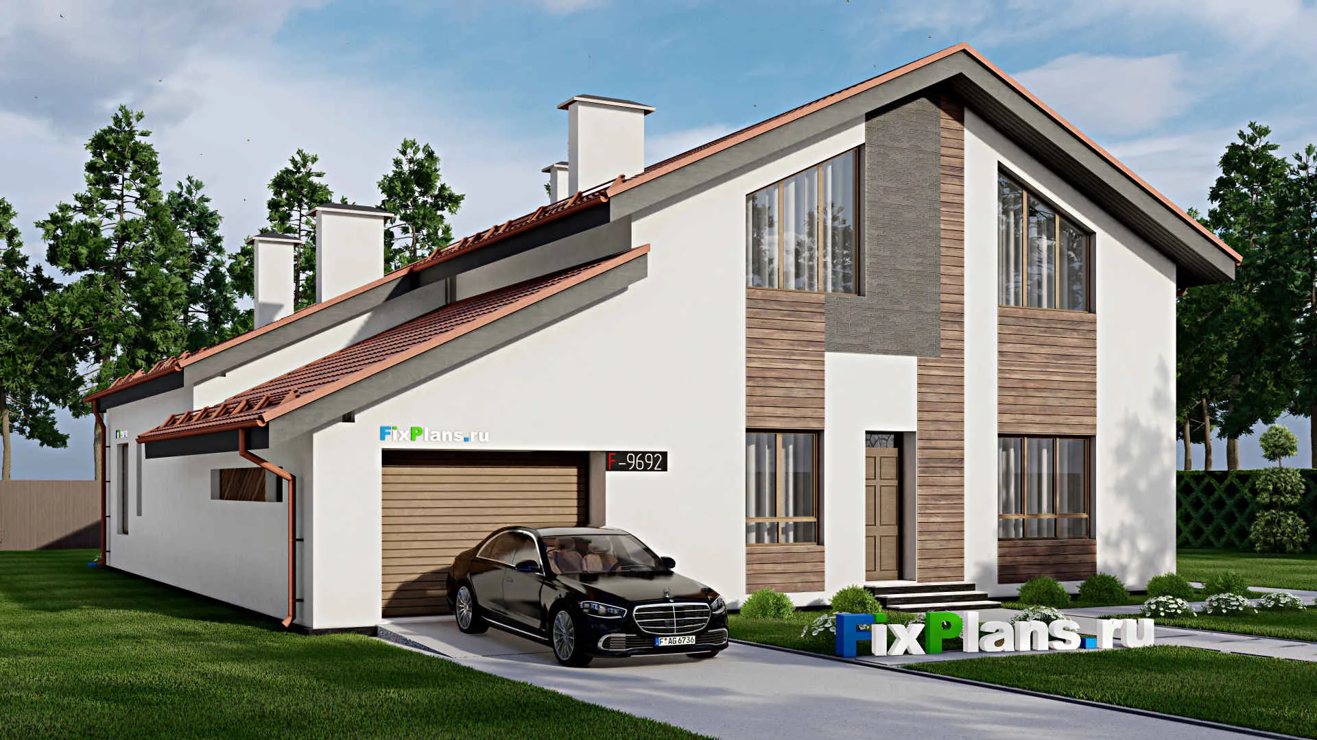 F-9692 - Проект дома с мансардой 16 на 18, площадью 300 м² с террасой, баней, гаражом на 1 машину и 4 спальнями