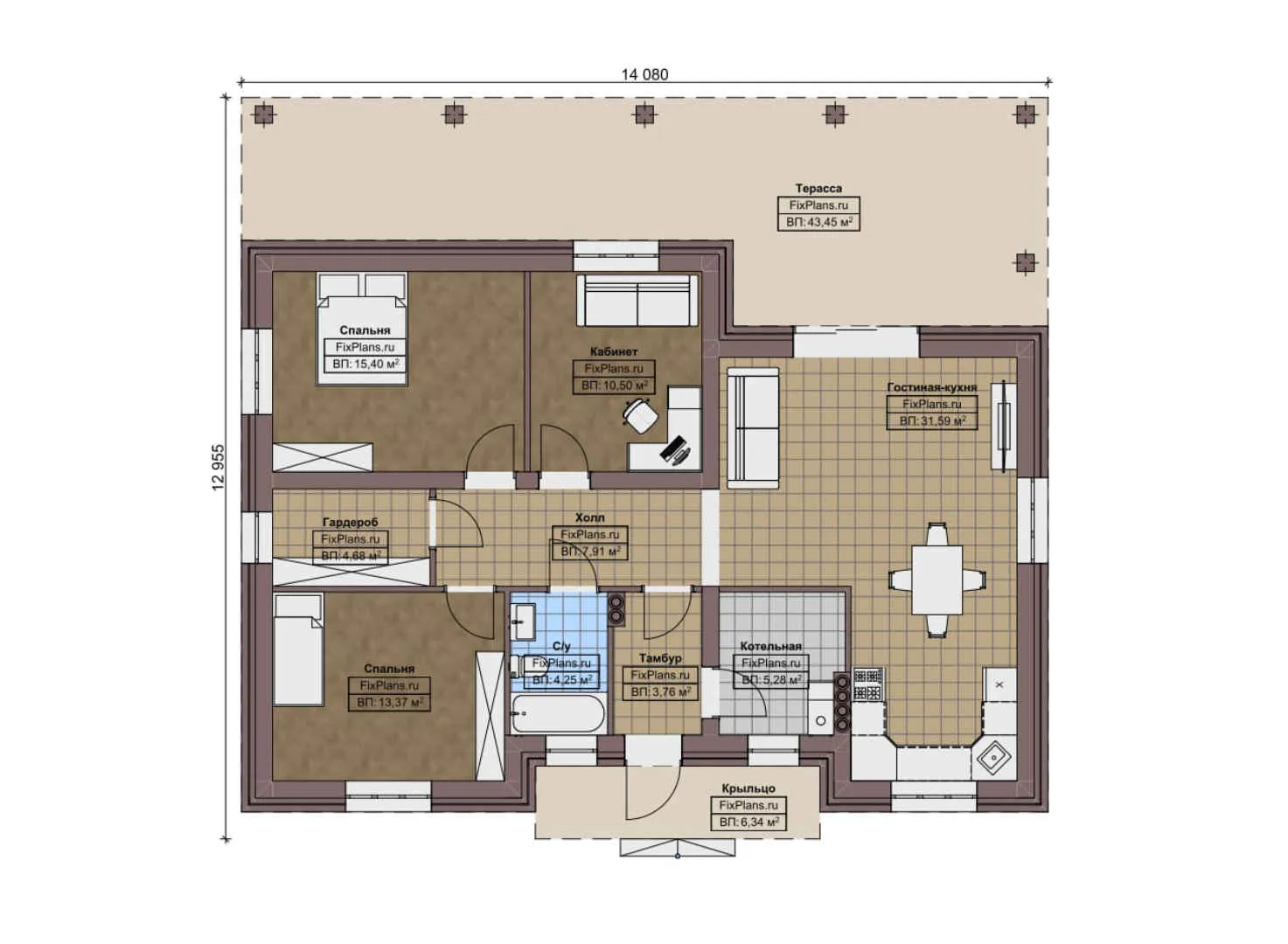 F-9548 - План одноэтажного дома 13 на 15, площадью 150 м² с террасой и 2 спальнями
