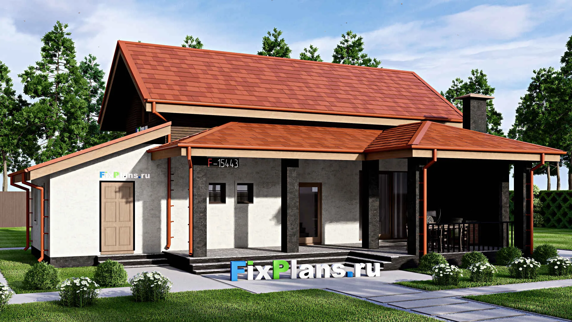 F-15443 - Проект бани 11 на 15, площадью 130 м² с комнатой отдыха, терассой, мансардой, санузлом и 2 спальнями