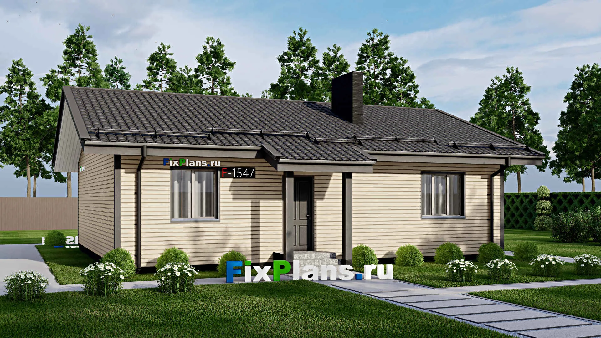 F-1547 - Проект одноэтажного дома 10 на 13, площадью 90 м² с 3 спальнями