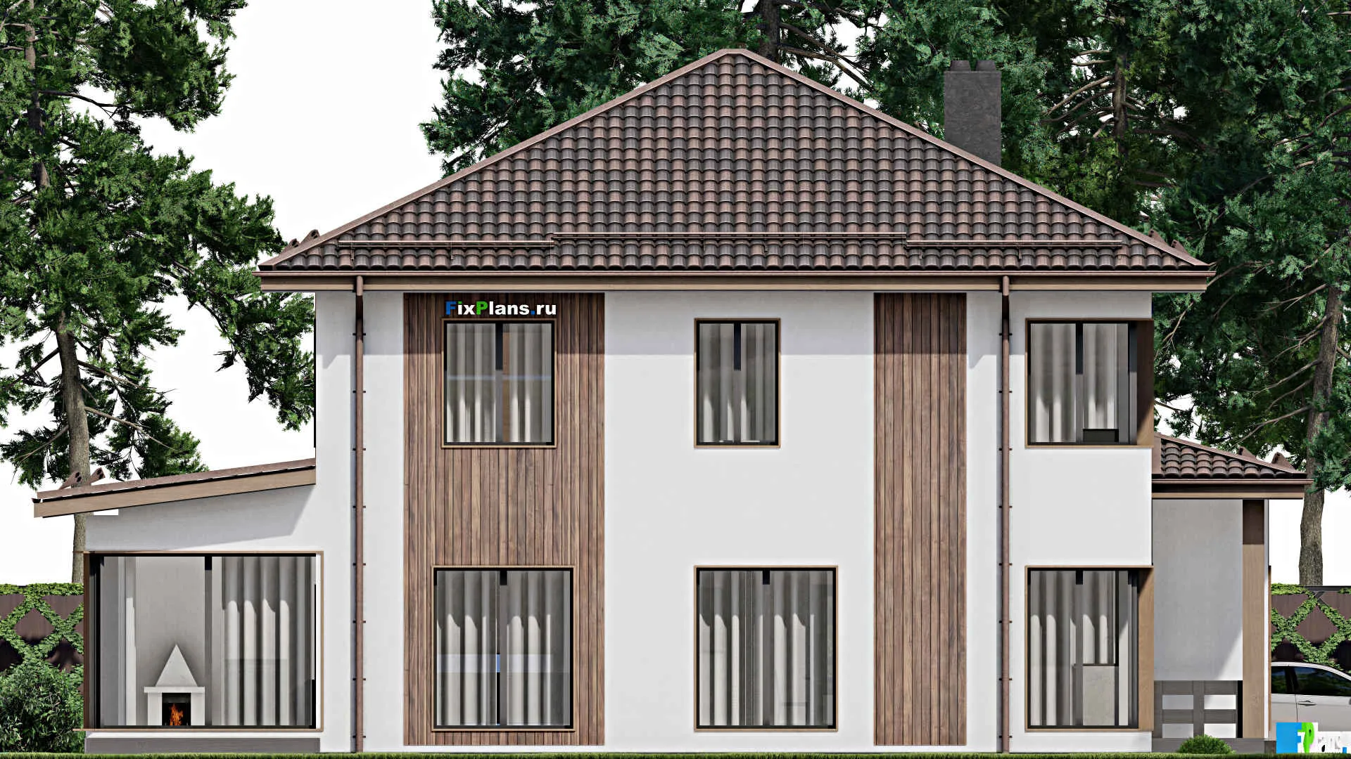 F-3941 - Проект двухэтажного дома 12 на 17, площадью 230 м² с террасой, баней и 4 спальнями