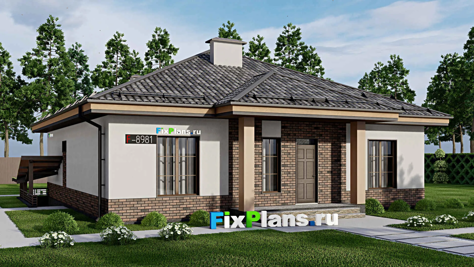 F-8981 - Проект одноэтажного дома 14 на 16, площадью 210 м² с террасой, цокольным этажом и 4 спальнями