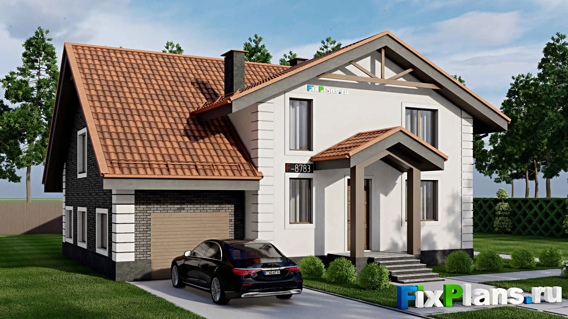 F-8783 - Проект дома с мансардой 14 на 16, площадью 250 м² с террасой, балконом, гаражом на 1 машину, спортзалом и 4 спальнями