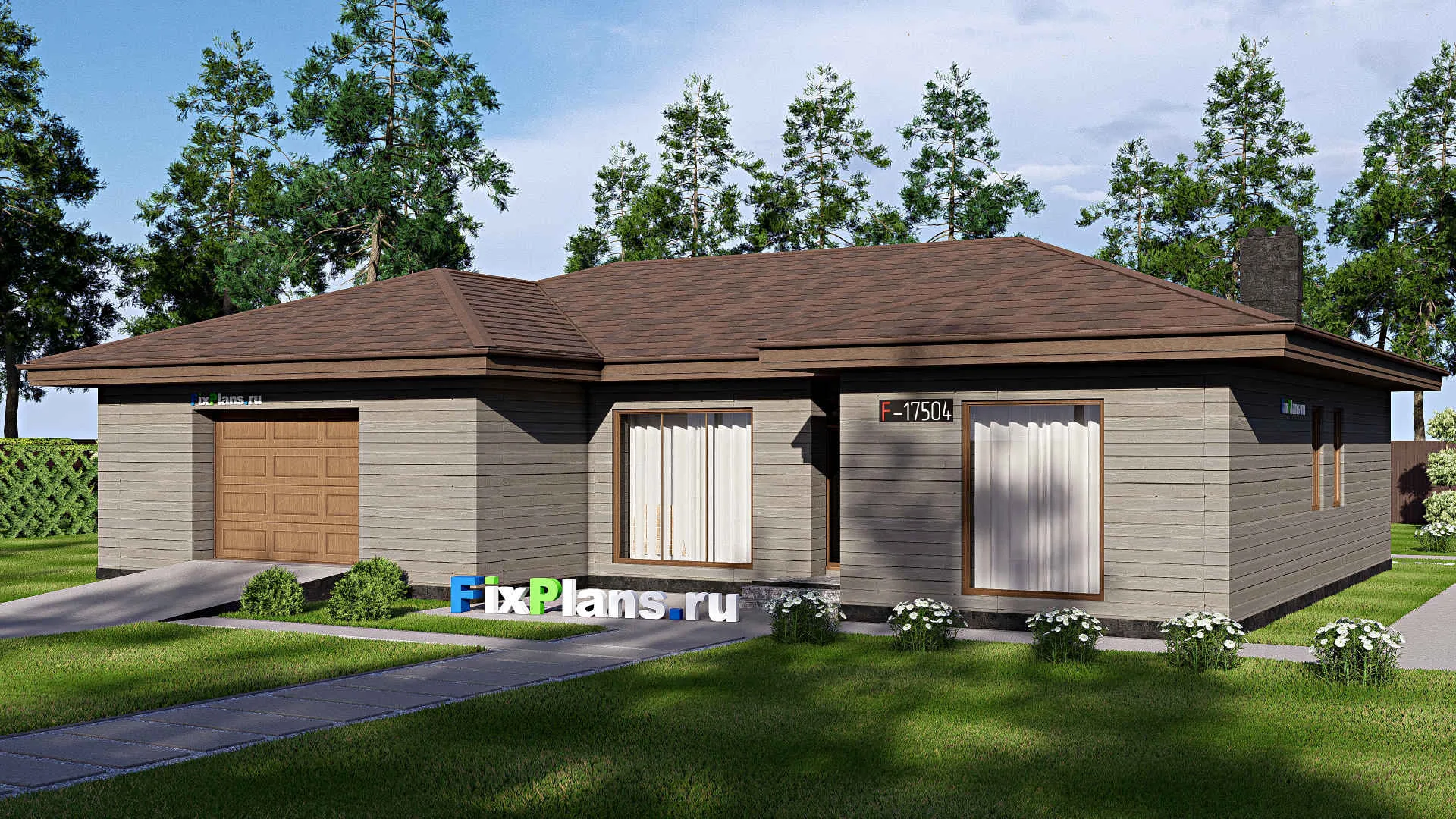 F-17504 - Проект одноэтажного дома 16 на 19, площадью 190 м² с террасой, гаражом на 2 машины и 3 спальнями