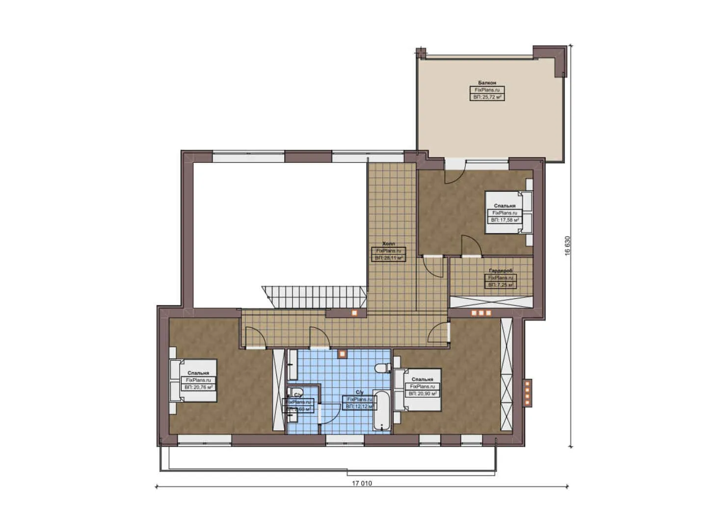 F-10808 - Планы двухэтажного дома 18 на 18, площадью 330 м² с террасой, балконом, гаражом на 2 машины и 3 спальнями