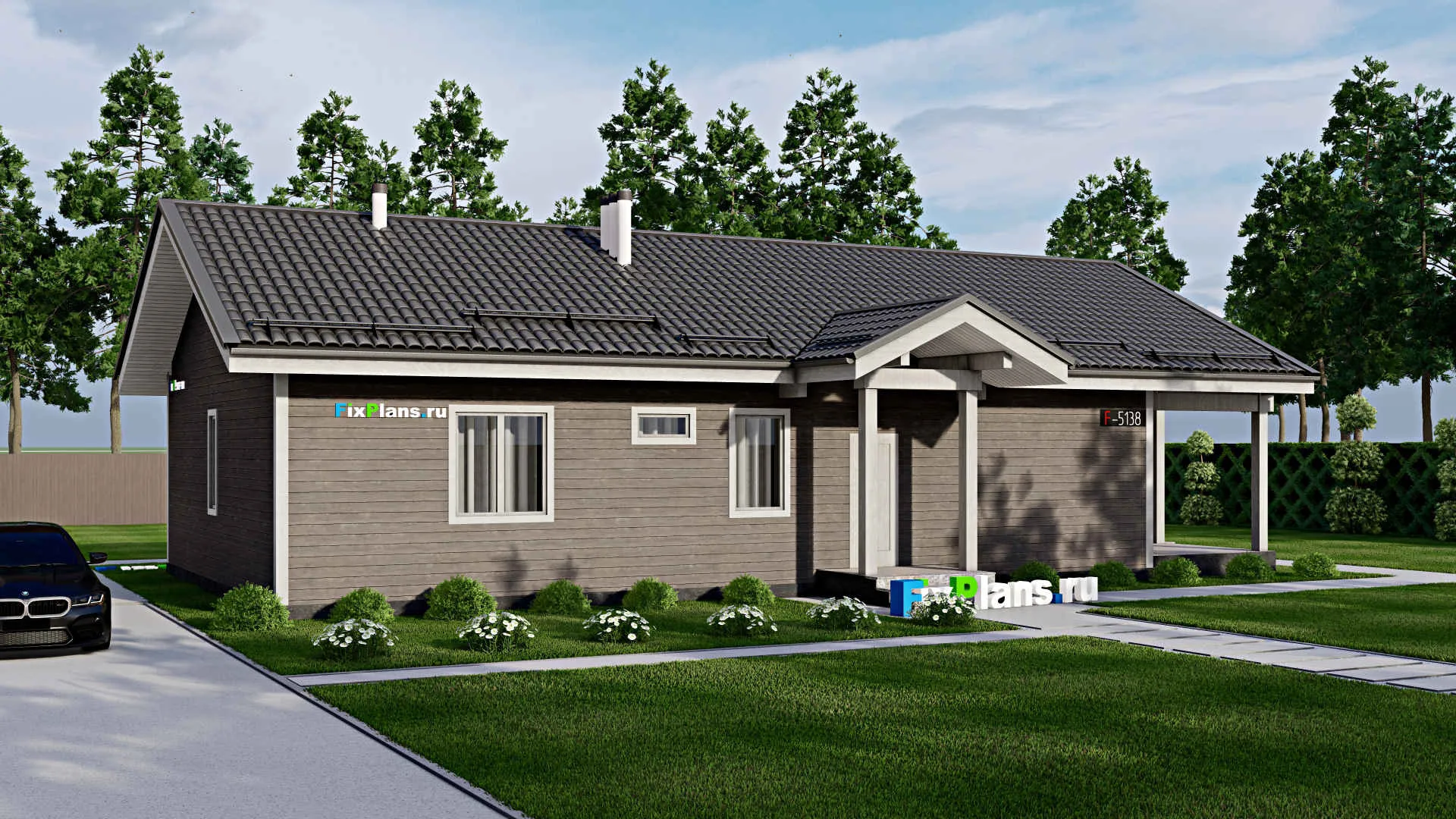F-5138 - Проект одноэтажного дома 10 на 15, площадью 140 м² с террасой, баней и 3 спальнями