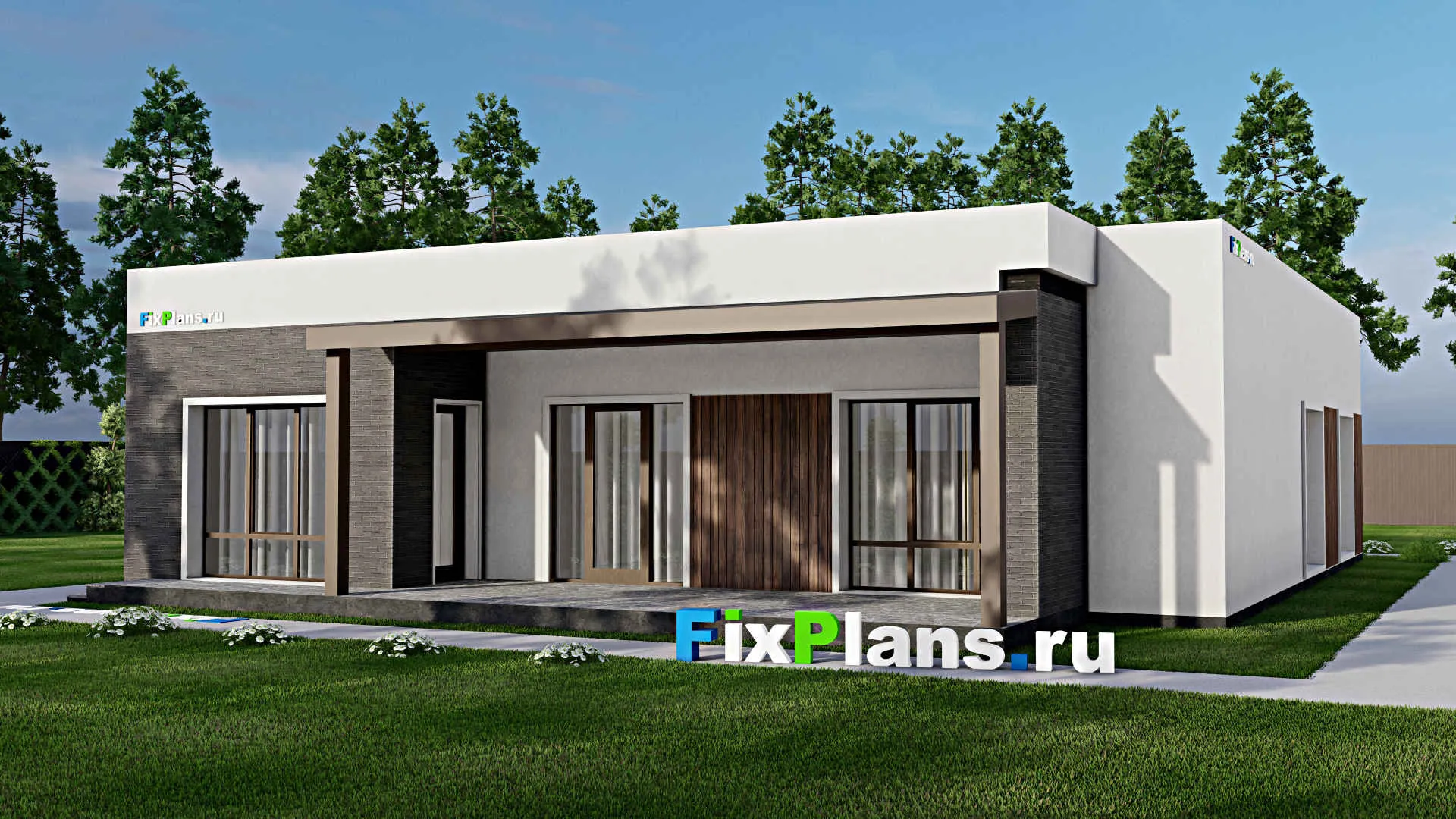 F-8540 - Проект одноэтажного дома 13 на 15, площадью 200 м² с террасой, гаражом на 1 машину и 3 спальнями