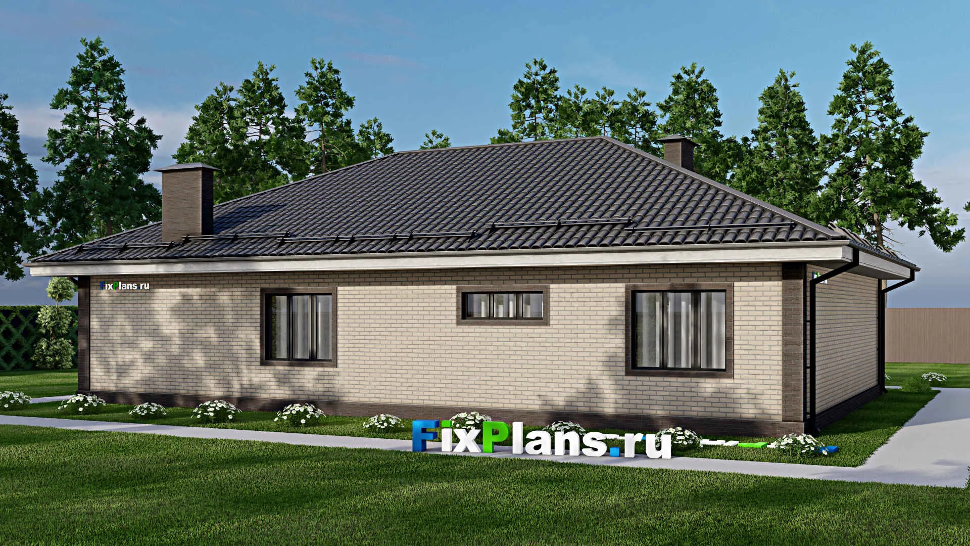 F-4679 - Проект одноэтажного дома 12 на 17, площадью 160 м² с гаражом на 1 машину и 2 спальнями