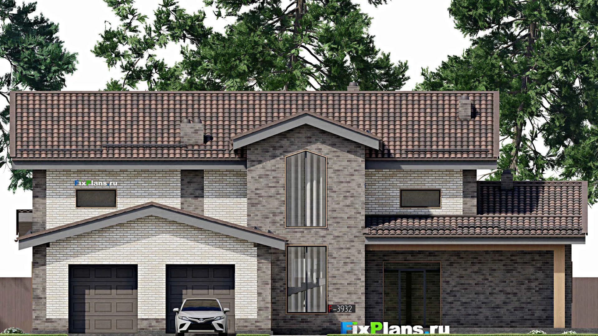 F-3932 - Проект дома с мансардой 20 на 20, площадью 390 м² с террасой, гаражом на 2 машины и 3 спальнями