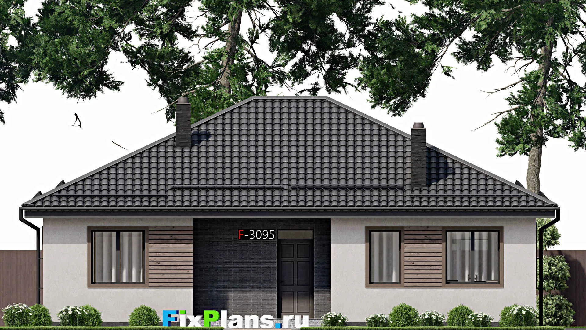 F-3095 - Проект одноэтажного дома 12 на 14, площадью 140 м² с террасой и 3 спальнями