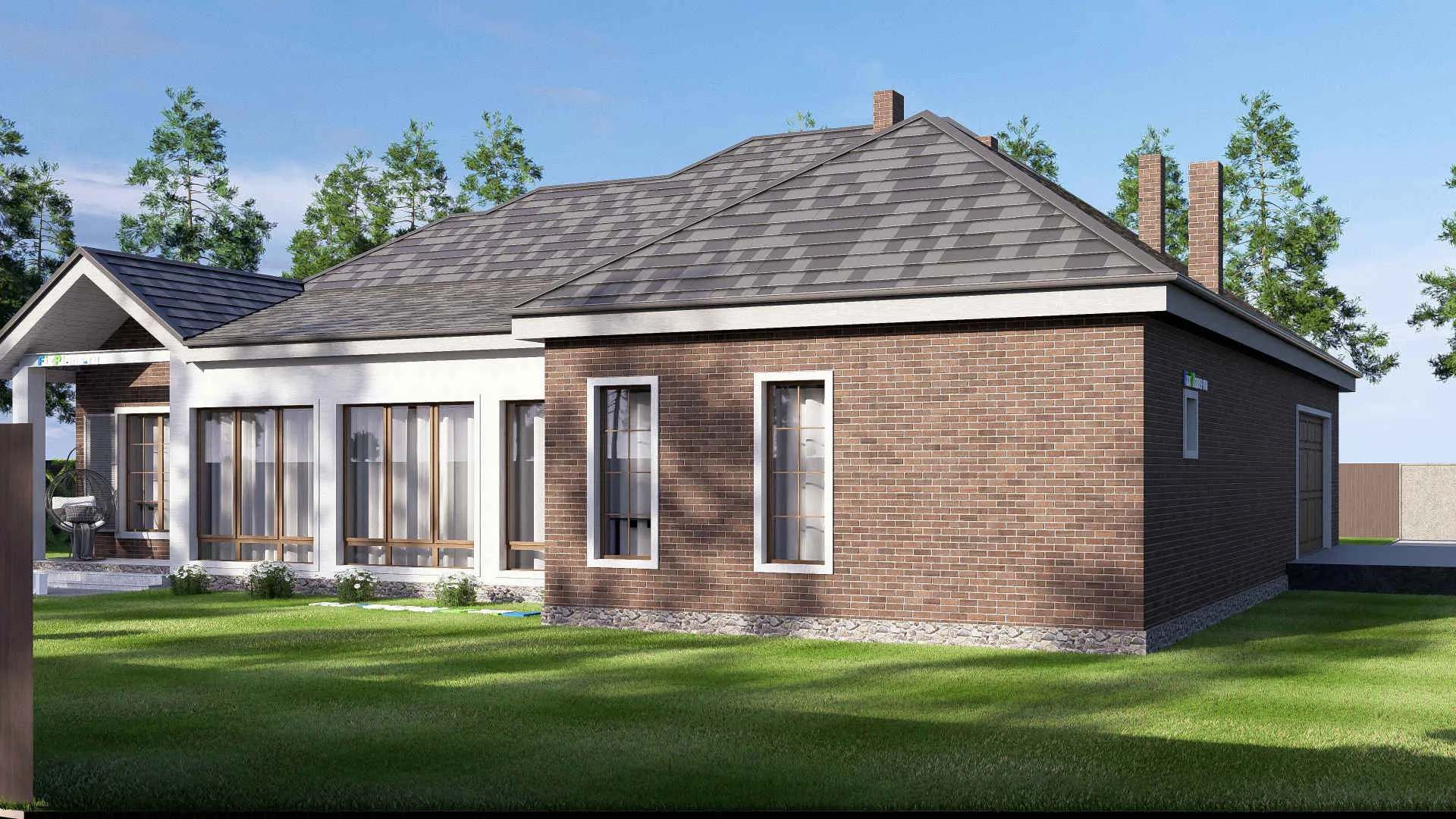 F-17198 - Проект одноэтажного дома 21 на 22, площадью 310 м² с террасой, гаражом на 2 машины и 3 спальнями