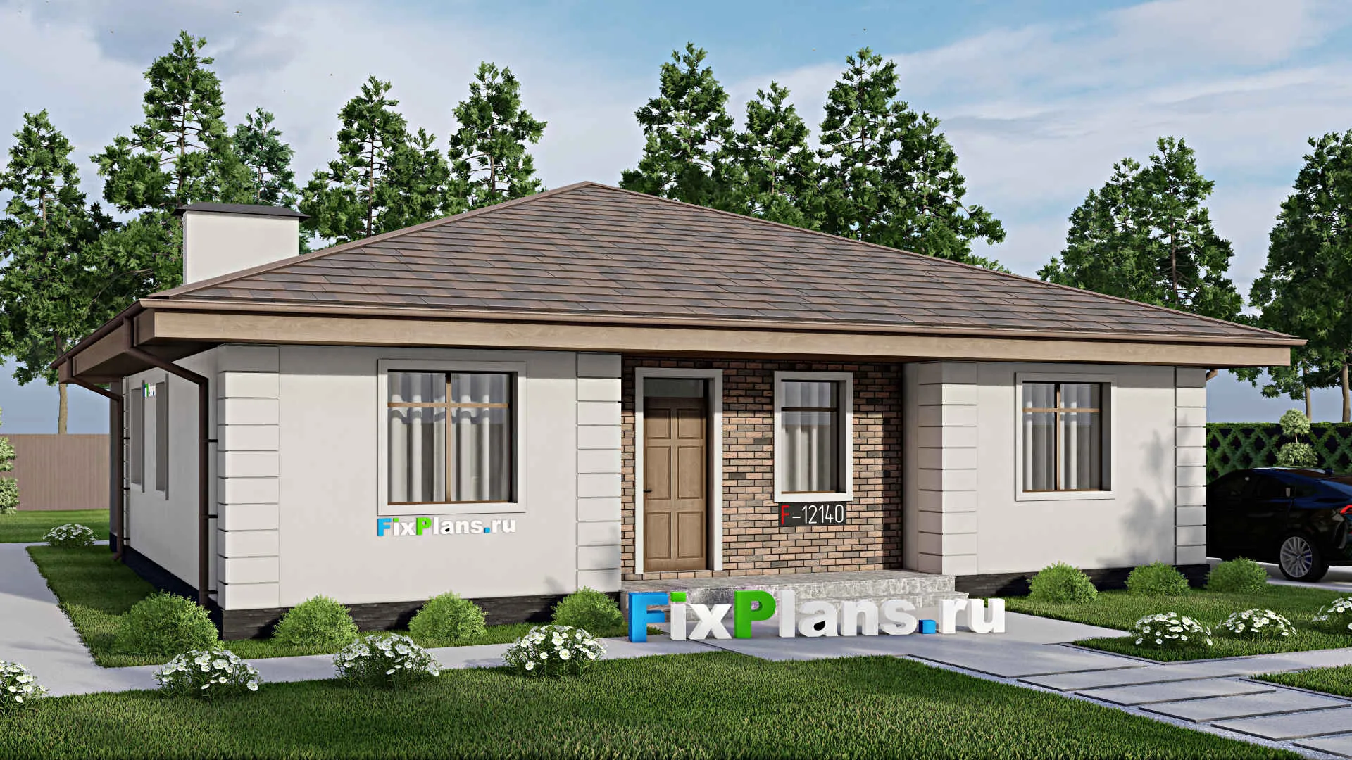 F-12140 - Проект одноэтажного дома 14 на 14, площадью 150 м² с террасой и 3 спальнями