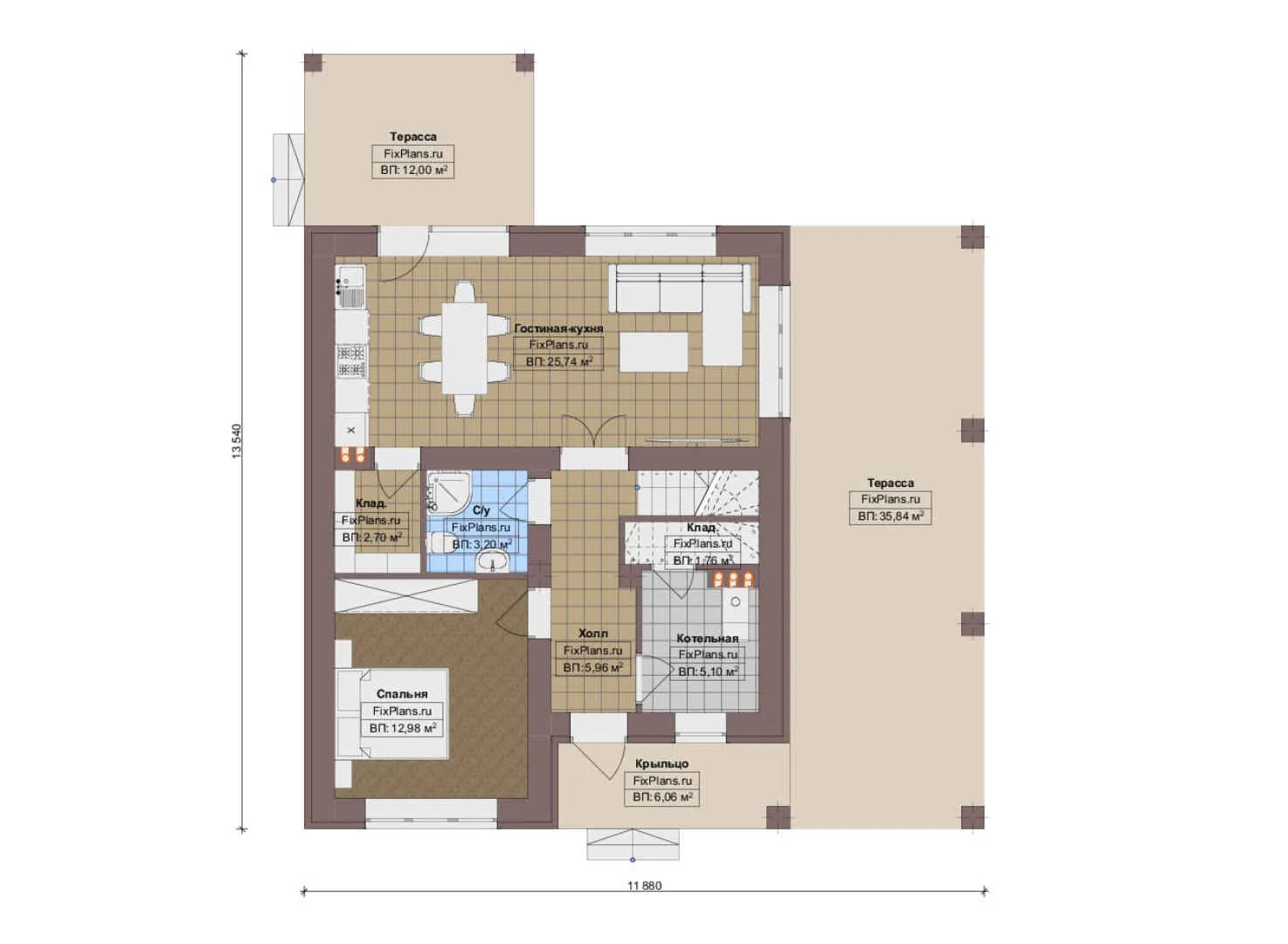 F-13274 - Планы дома с мансардой 12 на 14, площадью 180 м² с террасой, балконом и 4 спальнями