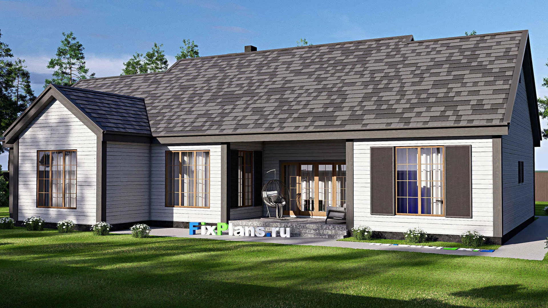 F-17144 - Проект дома с мансардой 21 на 25, площадью 300 м² с террасой, гаражом на 2 машины и 4 спальнями